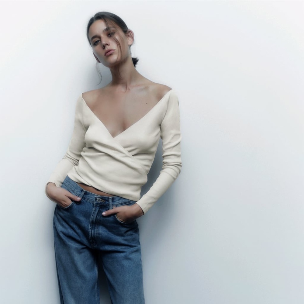 NWT Zara Ribbed Surplice Top | Cream / Ivory | Medium